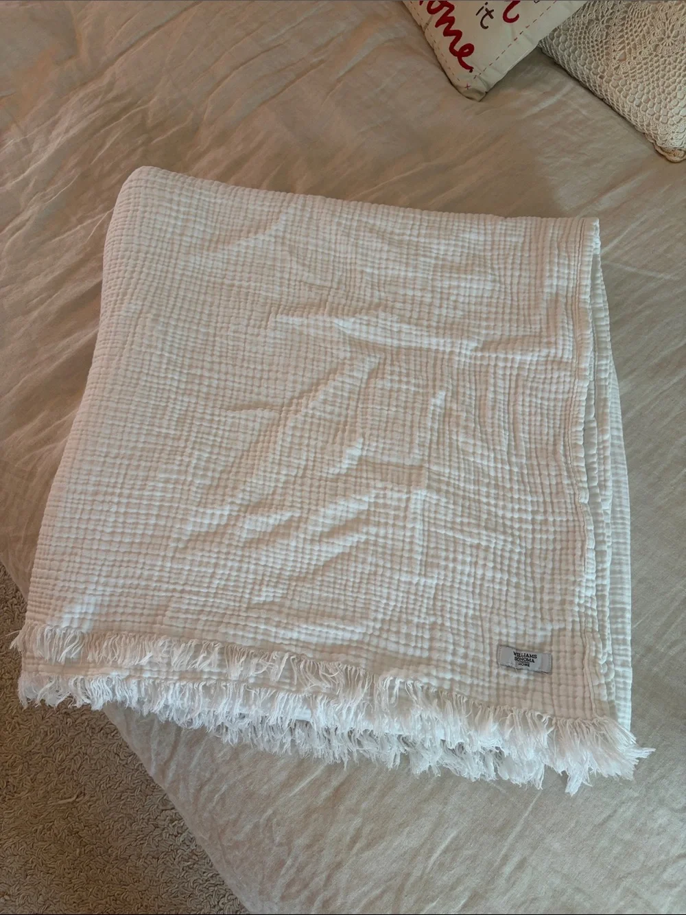 Williams Sonoma Home White Waffle Fringe Throw Blanket